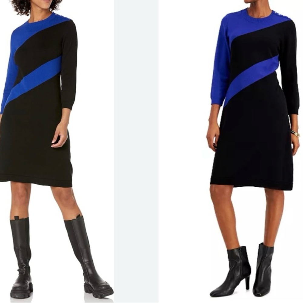 M1 Nine West Diagonal Striped Sweater Dress Black Blue Long Sleeve‎ XS